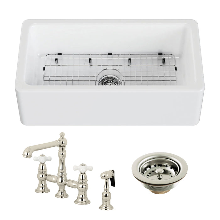 Kaolin 33-Inch Fireclay Farmhouse Kitchen Sink with Deck Mount Bridge Kitchen Faucet with Side Sprayer and Basket Strainer, Polished Nickel