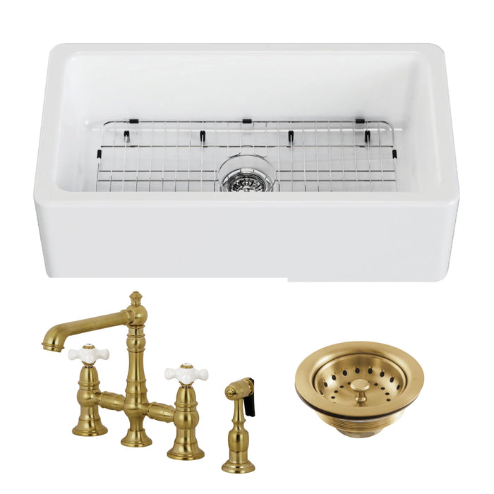 Kaolin 33-Inch Fireclay Farmhouse Kitchen Sink with Deck Mount Bridge Kitchen Faucet with Side Sprayer and Basket Strainer, Brushed Brass