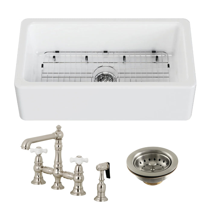 Kaolin 33-Inch Fireclay Farmhouse Kitchen Sink with Deck Mount Bridge Kitchen Faucet with Side Sprayer and Basket Strainer, Brushed Nickel