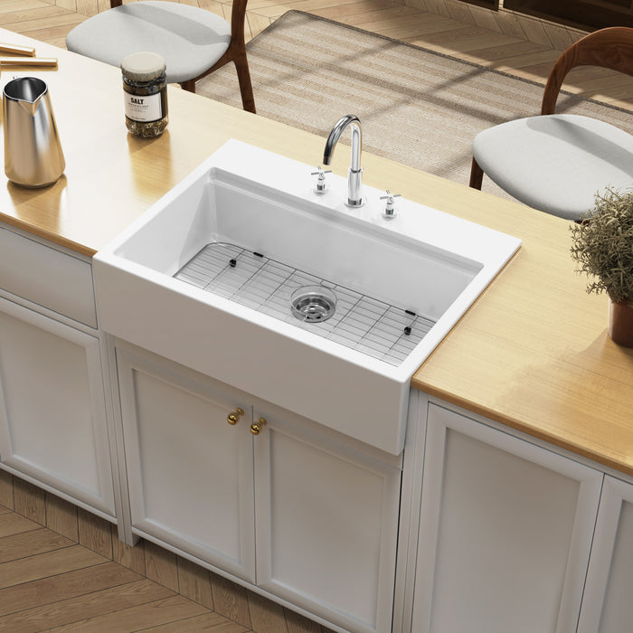 Kingston Heirloom KGPF342410Y38E - Kaolin 34-Inch Fireclay Single Bowl Farmhouse Kitchen Sink with Bottom Grid and Strainer, Glossy White