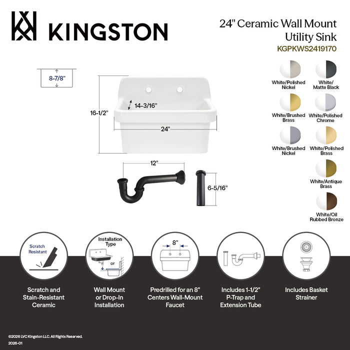 Kingston Heirloom KGPKWS2419173 - Doriteal 24-Inch Ceramic Single Bowl Wall Mount Kitchen Sink with Strainer, White/Antique Brass