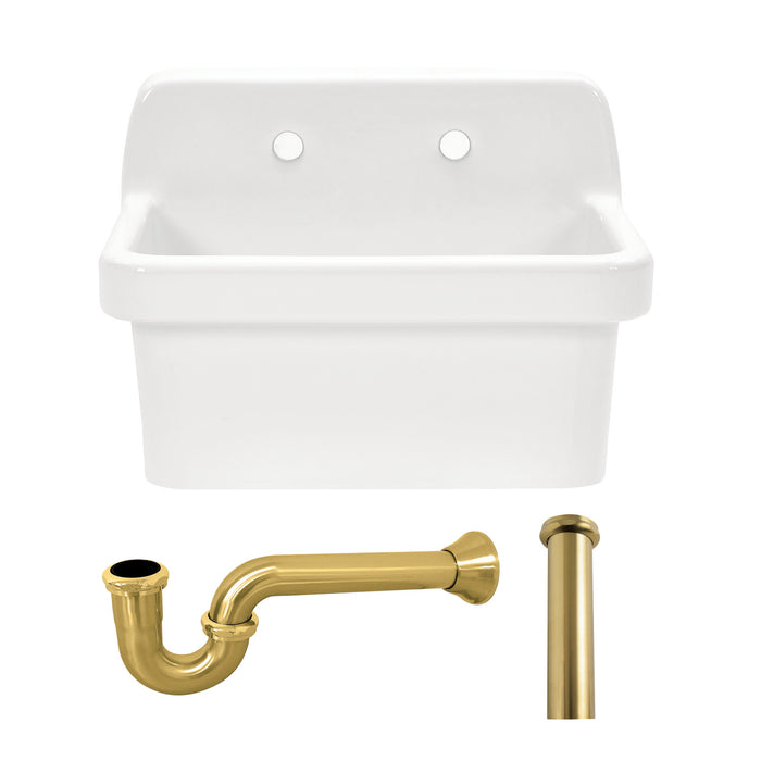 Kingston Heirloom KGPKWS2419177 - Doriteal 24-Inch Ceramic Single Bowl Wall Mount Kitchen Sink with Strainer, White/Brushed Brass