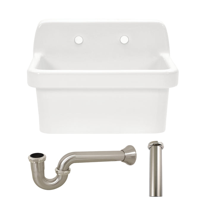 Kingston Heirloom KGPKWS2419178 - Doriteal 24-Inch Ceramic Single Bowl Wall Mount Kitchen Sink with Strainer, White/Brushed Nickel