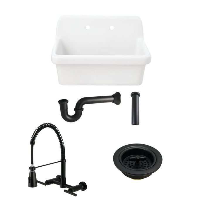 Doriteal 30" Ceramic Single Bowl Wall Mount Kitchen Sink  with Wall-Mount Pre-Rinse Bridge Kitchen Faucet and Basket Strainer, Matte Black