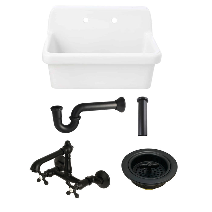Doriteal 30" Ceramic Single Bowl Wall Mount Kitchen Sink  with Wall-Mount Bridge Kitchen Faucet and Basket Strainer, Matte Black