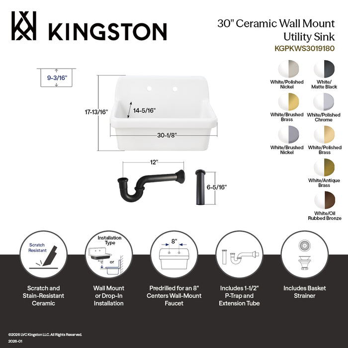 Kingston Heirloom KGPKWS3019181 - Doriteal 30-Inch Ceramic Single Bowl Wall Mount Kitchen Sink with Strainer, White/Polished Chrome