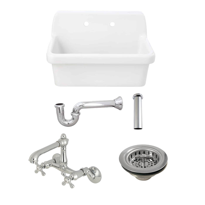 Doriteal 30" Ceramic Single Bowl Wall Mount Kitchen Sink  with Wall-Mount Bridge Kitchen Faucet and Basket Strainer, Polished Chrome