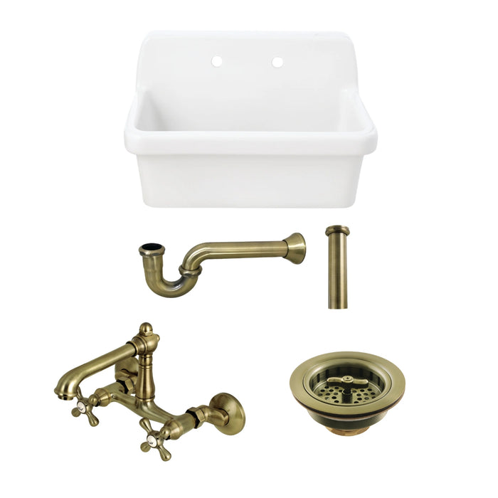 Doriteal 30" Ceramic Single Bowl Wall Mount Kitchen Sink  with Wall-Mount Bridge Kitchen Faucet and Basket Strainer, Antique Brass