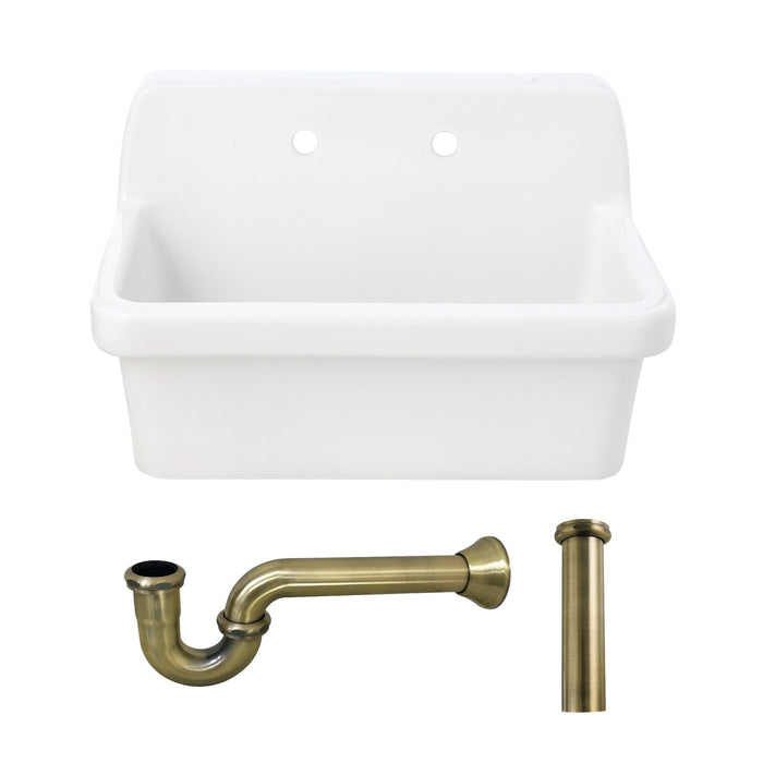 Doriteal 30" Ceramic Single Bowl Wall Mount Kitchen Sink  with Wall-Mount Bridge Kitchen Faucet and Basket Strainer, Antique Brass
