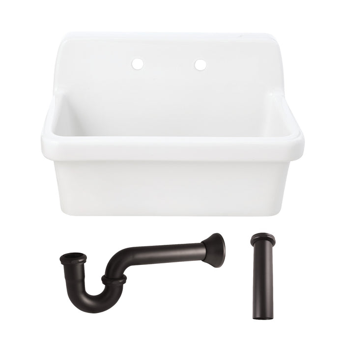 Kingston Heirloom KGPKWS3019185 - Doriteal 30-Inch Ceramic Single Bowl Wall Mount Kitchen Sink with Strainer, White/Oil Rubbed Bronze