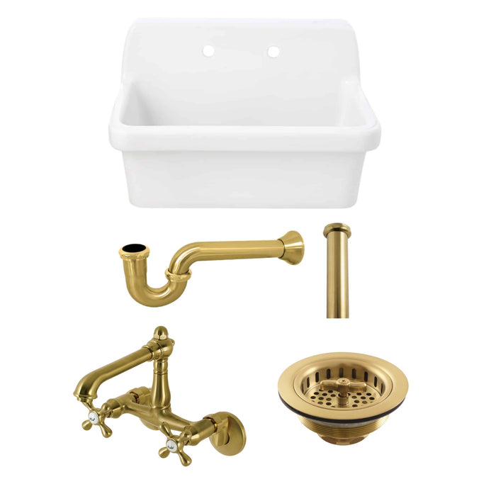 Doriteal 30" Ceramic Single Bowl Wall Mount Kitchen Sink  with Wall-Mount Bridge Kitchen Faucet and Basket Strainer, Brushed Brass