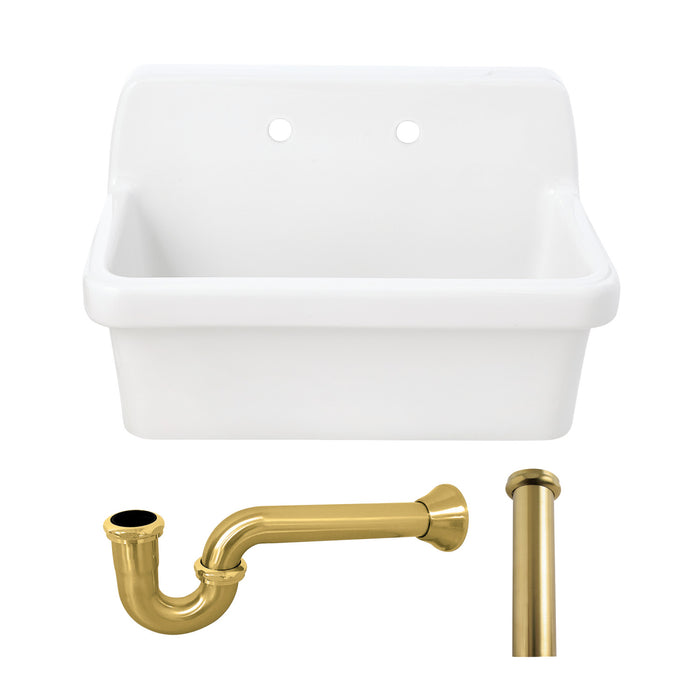 Kingston Heirloom KGPKWS3019187 - Doriteal 30-Inch Ceramic Single Bowl Wall Mount Kitchen Sink with Strainer, White/Brushed Brass