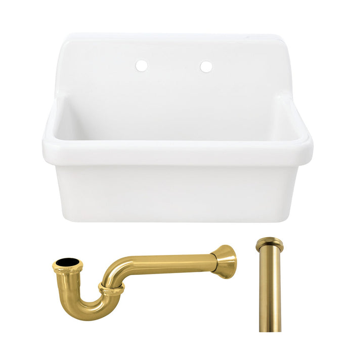 Doriteal 30" Ceramic Single Bowl Wall Mount Kitchen Sink  with Wall-Mount Bridge Kitchen Faucet and Basket Strainer, Brushed Brass