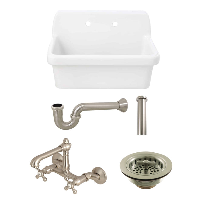 Doriteal 30" Ceramic Single Bowl Wall Mount Kitchen Sink  with Wall-Mount Bridge Kitchen Faucet and Basket Strainer, Brushed Nickel