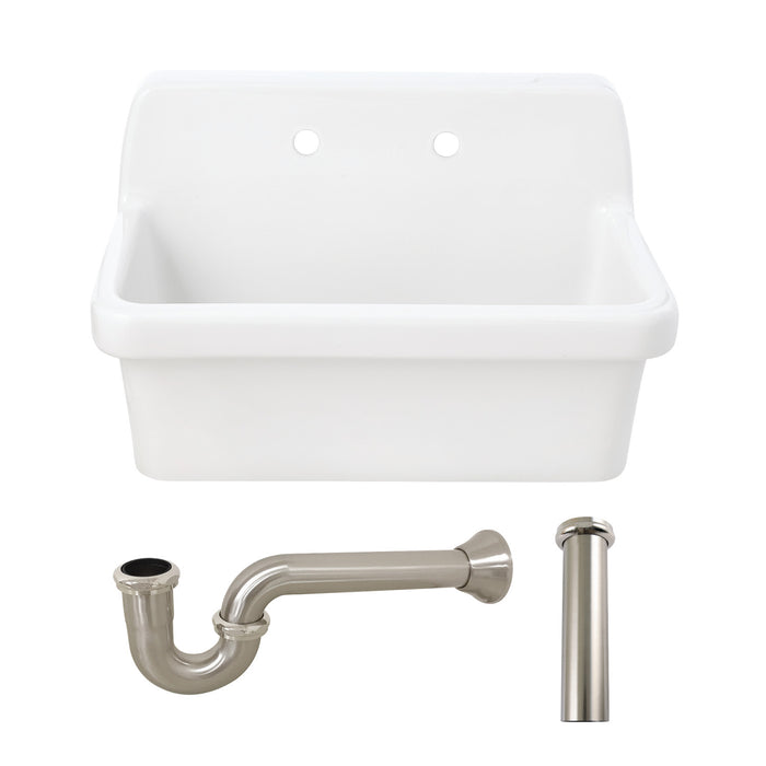 Kingston Heirloom KGPKWS3019188 - Doriteal 30-Inch Ceramic Single Bowl Wall Mount Kitchen Sink with Strainer, White/Brushed Nickel