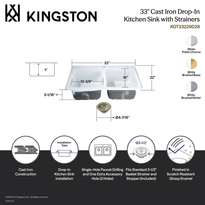 Kingston Heirloom KGT33229D21 - Petra Galley 33-Inch Cast Iron Self-Rimming Double Bowl Drop-In Kitchen Sink (2-Hole) with Basket Strainers x 2, White/Polished Chrome