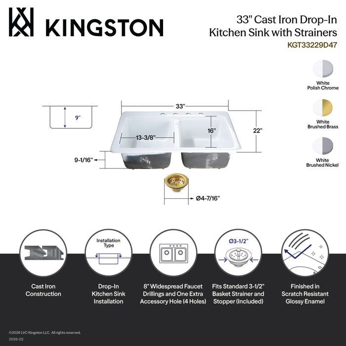 Kingston Heirloom KGT33229D47 - Petra Galley 33-Inch Cast Iron Self-Rimming Double Bowl Drop-In Kitchen Sink (4-Hole) with Basket Strainers x 2, White/Brushed Brass