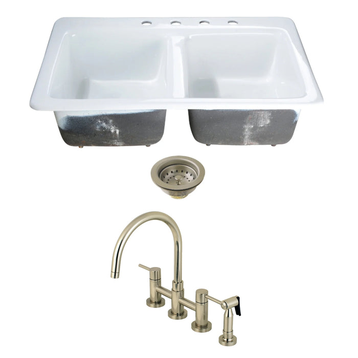 Petra Galley 15-Inch Cast Iron Double Bowl Bar Sink  with Deck Mount Bridge Kitchen Faucet with Side Sprayer and Basket Strainer, Brushed Nickel