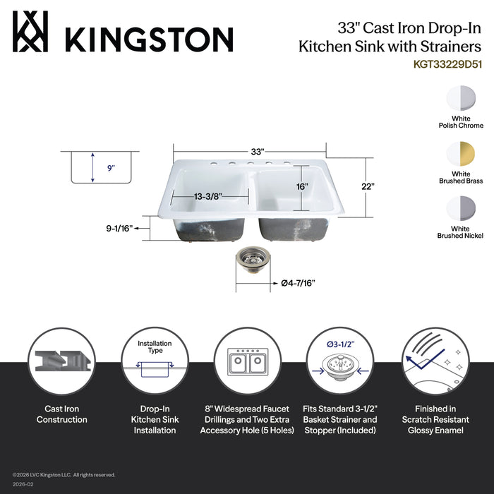 Kingston Heirloom KGT33229D57 - Petra Galley 33-Inch Cast Iron Self-Rimming Double Bowl Drop-In Kitchen Sink (5-Hole) with Basket Strainers x 2, White/Brushed Brass