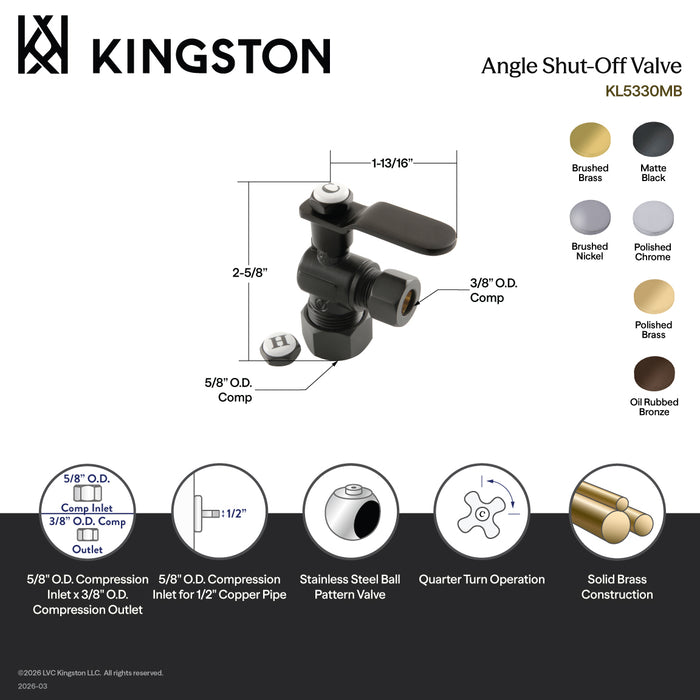 Kingston Sona KL5330PB - Whitaker 5/8-Inch O.D. Comp x 3/8-Inch O.D. Comp Quarter-Turn Angle Shut-Off Valve, Polished Brass