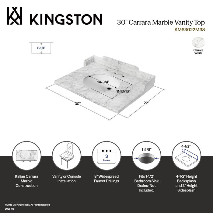 Kingston Heirloom KMS3022M38 - Pemberton 30-Inch Carrara Marble Vanity Sink Top (8" Faucet Drillings), Carrara White