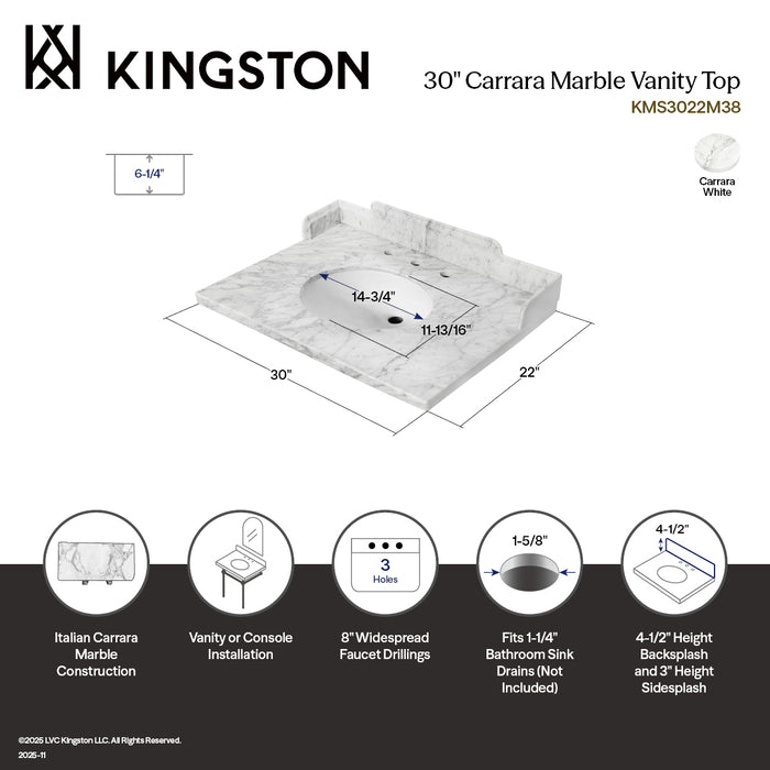 Pemberton KMS3022M38 30-Inch Carrara Marble Vanity Sink Top (8" Faucet Drillings), Carrara White
