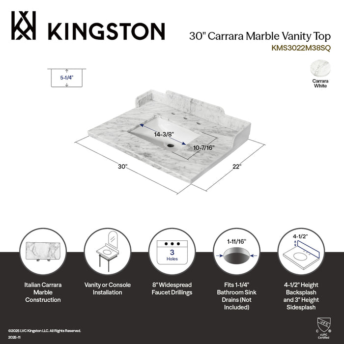 Pemberton KMS3022M38SQ 30-Inch Carrara Marble Vanity Sink Top (8" Faucet Drillings), Carrara White
