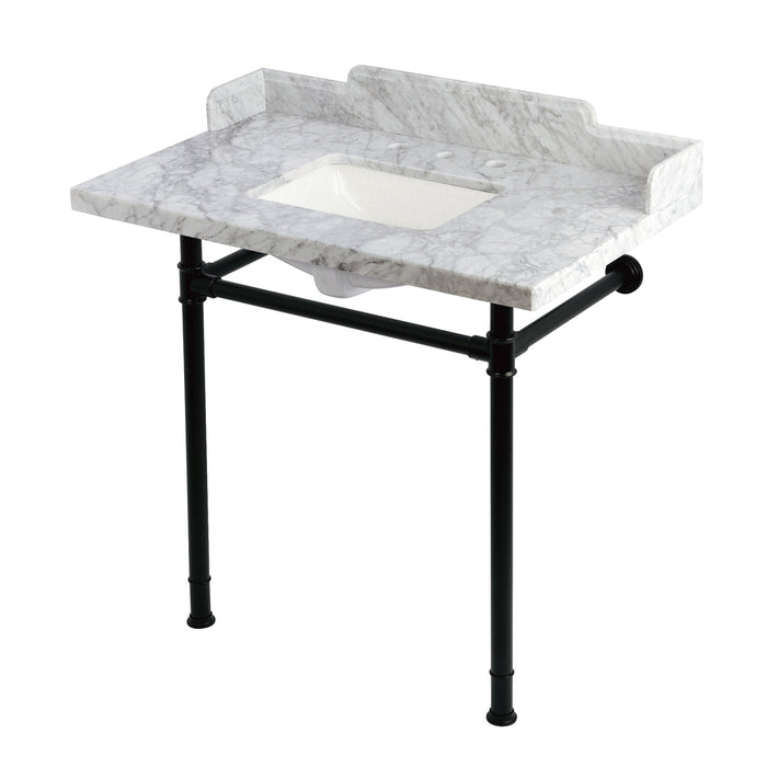 Wesselman KMS36227M38SQ0 36-Inch Carrara Marble Console Sink with Stainless Steel Legs (8-Inch, 3-Hole), Carrara White/Matte Black