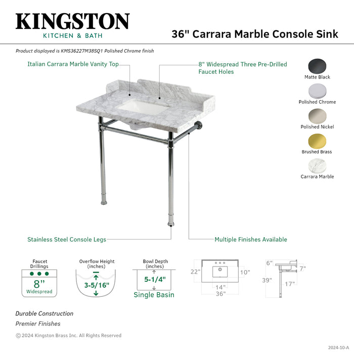 Kingston Heirloom KMS36227M38SQ1 - Wesselman 36-Inch Carrara Marble Console Sink with Stainless Steel Legs (8-Inch, 3-Hole), Carrara Marble White/Polished Chrome