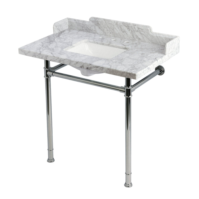 Kingston Heirloom KMS36227M38SQ1 - Wesselman 36-Inch Carrara Marble Console Sink with Stainless Steel Legs (8-Inch, 3-Hole), Carrara Marble White/Polished Chrome