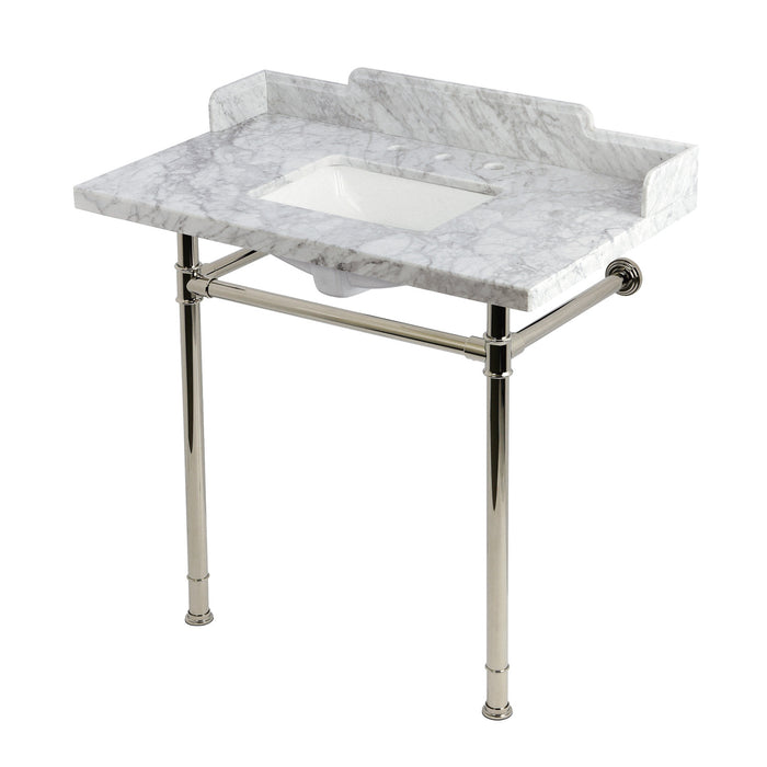 Wesselman KMS36227M38SQ6 36-Inch Carrara Marble Console Sink with Stainless Steel Legs (8-Inch, 3-Hole), Carrara White/Polished Nickel
