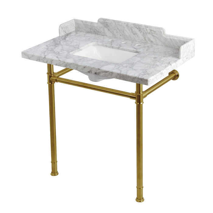 Wesselman KMS36227M38SQ7 36-Inch Carrara Marble Console Sink with Stainless Steel Legs (8-Inch, 3-Hole), Carrara White/Brushed Brass