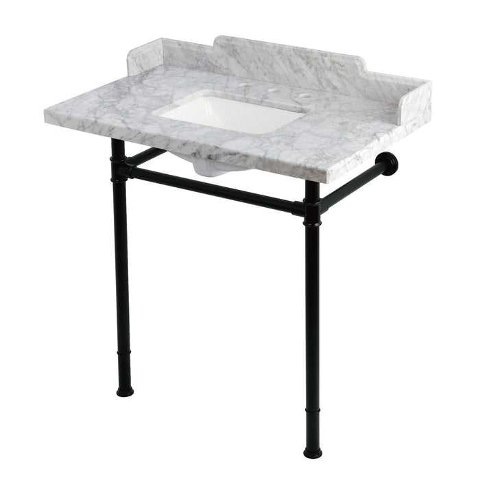 Wesselman KMS36227M8SQ0 36-Inch Carrara Marble Console Sink with Stainless Steel Legs (8-Inch, 3-Hole), Carrara White/Matte Black