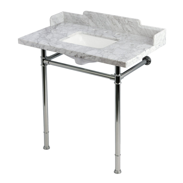Kingston Heirloom KMS36227M8SQ1 - Wesselman 36-Inch Carrara Marble Console Sink with Stainless Steel Legs (8-Inch, 3-Hole), Carrara Marble White/Polished Chrome