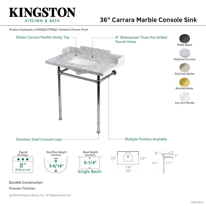 Kingston Heirloom KMS36227M8SQ6 - Wesselman 36-Inch Carrara Marble Console Sink with Stainless Steel Legs (8-Inch, 3-Hole), Carrara Marble White/Polished Nickel