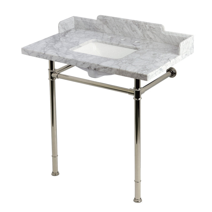 Wesselman KMS36227M8SQ6 36-Inch Carrara Marble Console Sink with Stainless Steel Legs (8-Inch, 3-Hole), Carrara White/Polished Nickel