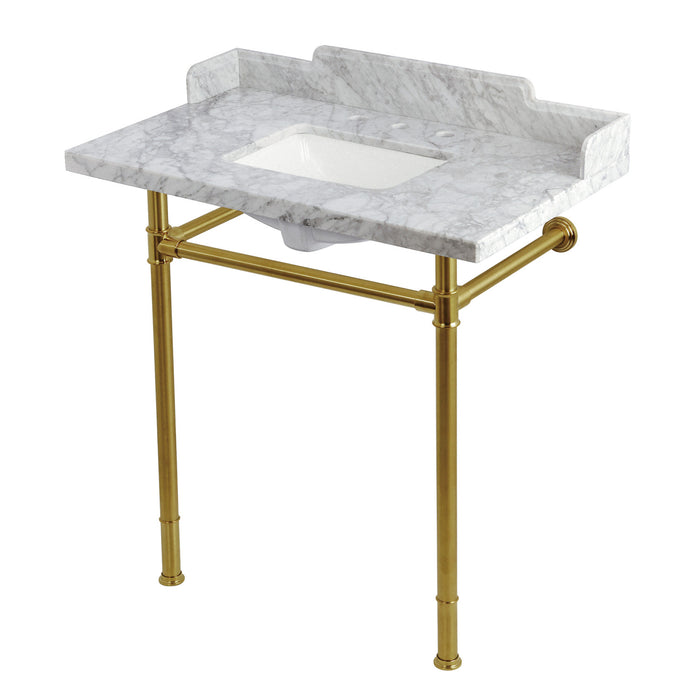 Wesselman KMS36227M8SQ7 36-Inch Carrara Marble Console Sink with Stainless Steel Legs (8-Inch, 3-Hole), Carrara White/Brushed Brass