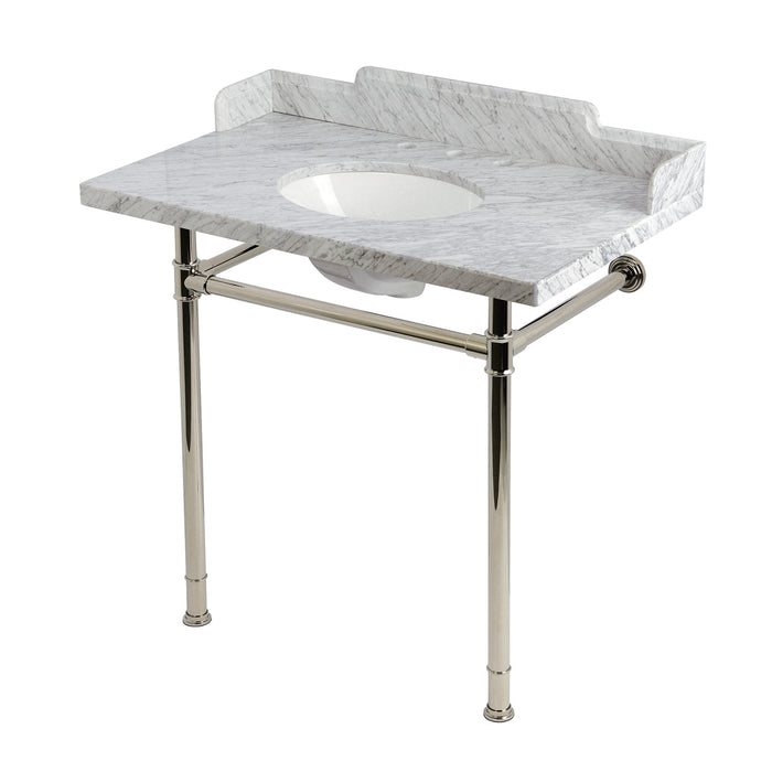Wesselman KMS36228M386 36-Inch Carrara Marble Console Sink with Stainless Steel Legs (8-Inch, 3-Hole), Carrara White/Polished Nickel
