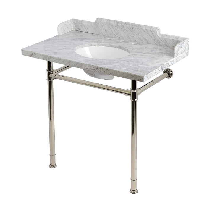 Kingston Heirloom KMS36228M386 - Wesselman 36-Inch Carrara Marble Console Sink with Stainless Steel Legs (8-Inch, 3-Hole), Carrara Marble White/Polished Nickel