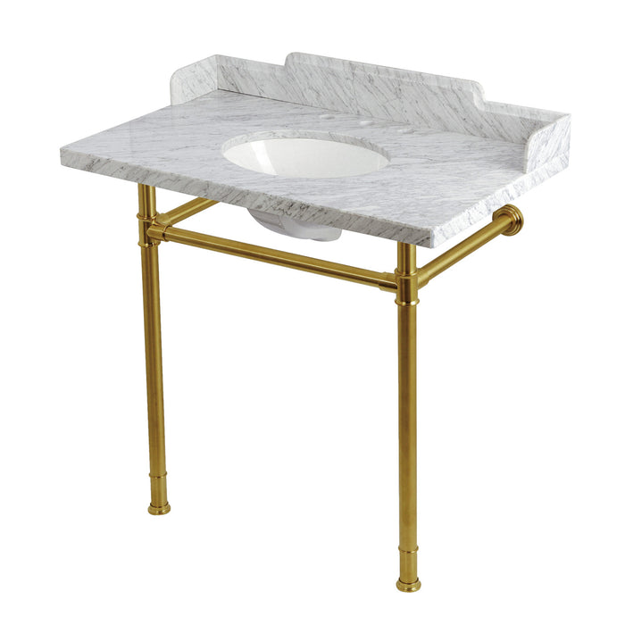 Kingston Heirloom KMS36228M387 - Wesselman 36-Inch Carrara Marble Console Sink with Stainless Steel Legs (8-Inch, 3-Hole), Carrara Marble White/Brushed Brass