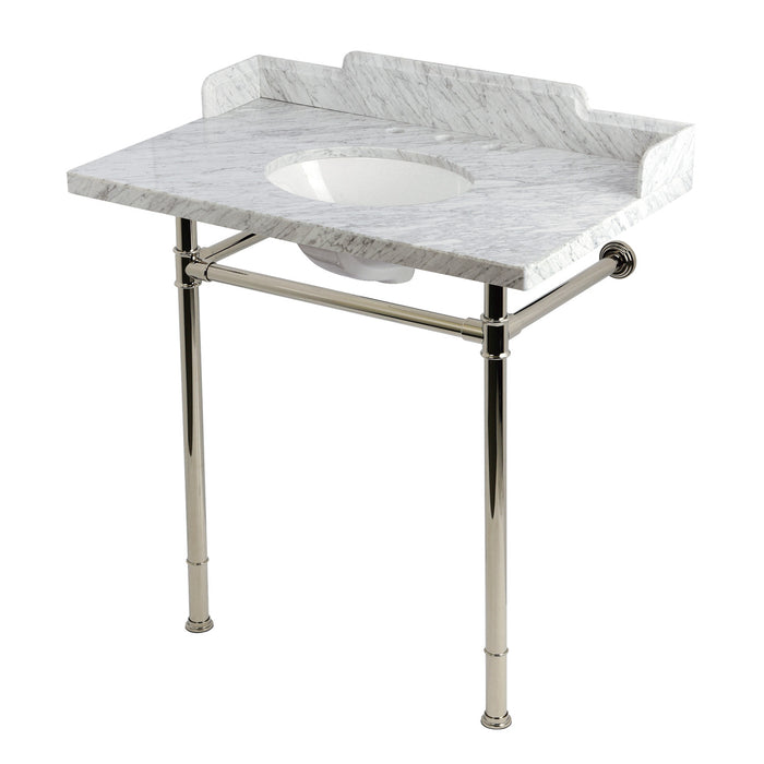 Wesselman KMS36228M86 36-Inch Carrara Marble Console Sink with Stainless Steel Legs (8-Inch, 3-Hole), Carrara White/Polished Nickel