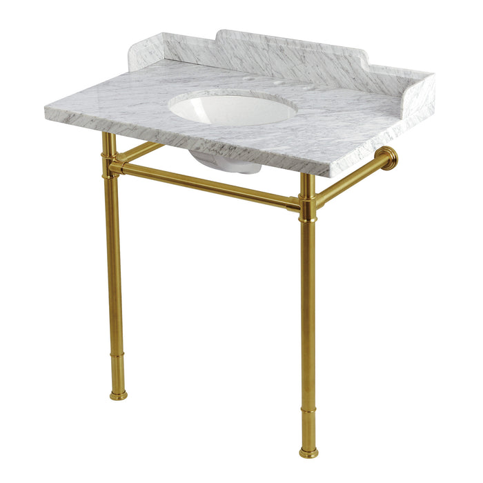 Kingston Heirloom KMS36228M87 - Wesselman 36-Inch Carrara Marble Console Sink with Stainless Steel Legs (8-Inch, 3-Hole), Carrara Marble White/Brushed Brass
