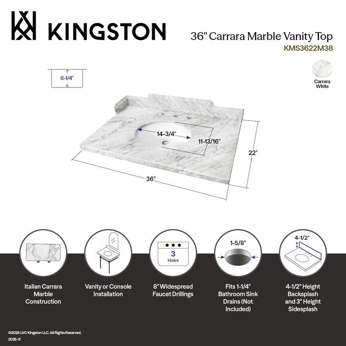 Pemberton KMS3622M38 36-Inch Carrara Marble Vanity Sink Top (8" Faucet Drillings), Carrara White