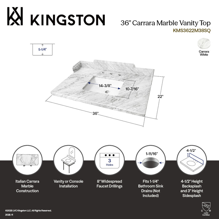 Pemberton KMS3622M38SQ 36-Inch Carrara Marble Vanity Sink Top (8" Faucet Drillings), Carrara White