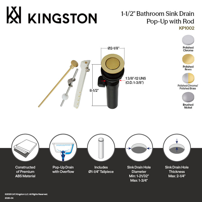 Kingston KP1004 Plastic Pop-Up Bathroom Sink Drain with Overflow, Polished Chrome/Polished Brass