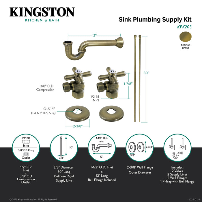 Kingston Heirloom KPK203 - Gourmet Scape Traditional Plumbing Sink Trim Kit with P-Trap, Antique Brass