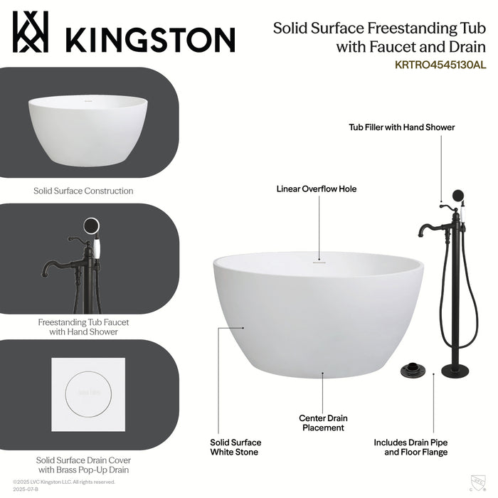 Arcticstone KRTRO4545131AL 45-Inch Solid Surface Round Double Ended Freestanding Tub with Faucet Combo and Drain, Polished Chrome