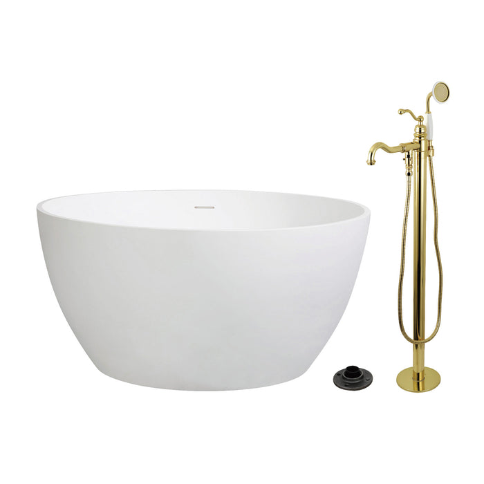 Kingston Tulare KRTRO4545132AL - Arcticstone 45-Inch Solid Surface Round Double Ended Freestanding Tub with Faucet Combo and Drain, Polished Brass