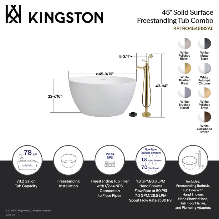 Kingston Tulare KRTRO4545136AL - Arcticstone 45-Inch Solid Surface Round Double Ended Freestanding Tub with Faucet Combo and Drain, Polished Nickel
