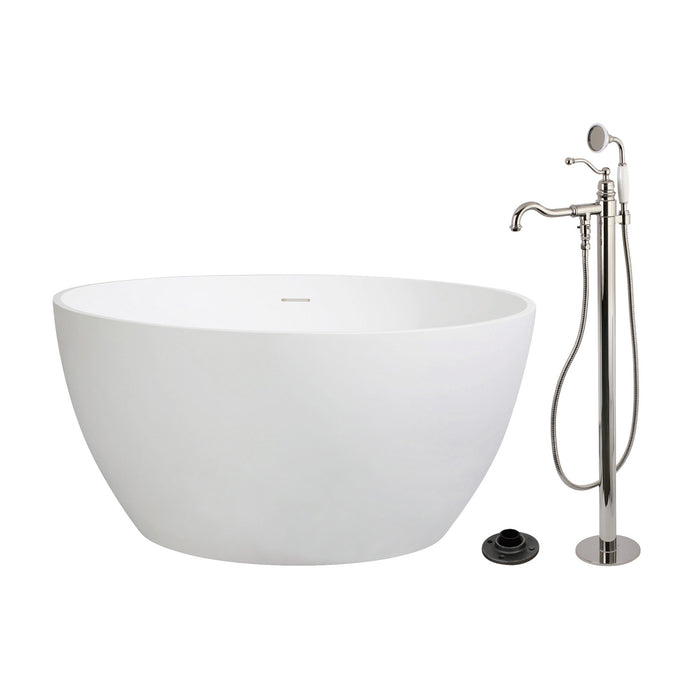 Kingston Tulare KRTRO4545136AL - Arcticstone 45-Inch Solid Surface Round Double Ended Freestanding Tub with Faucet Combo and Drain, Polished Nickel